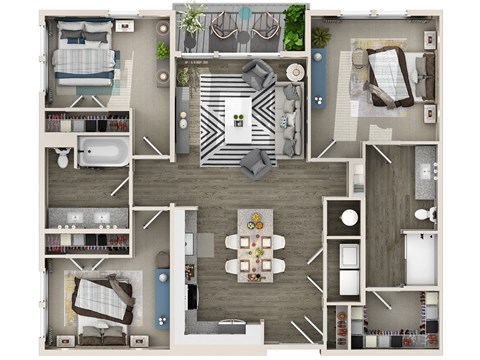 Floor plan for 3 beds, 2 baths, 1261 sqft
